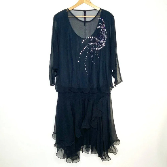 Spencer Alexis Dresses & Skirts - Vintage 80's Spencer Alexis Black Dress 16 Rhinestone Embellished Sheer Sleeve